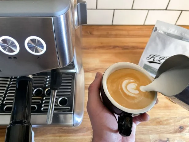To test each espresso machine's ability to steam milk, latte art was poured with the milk.