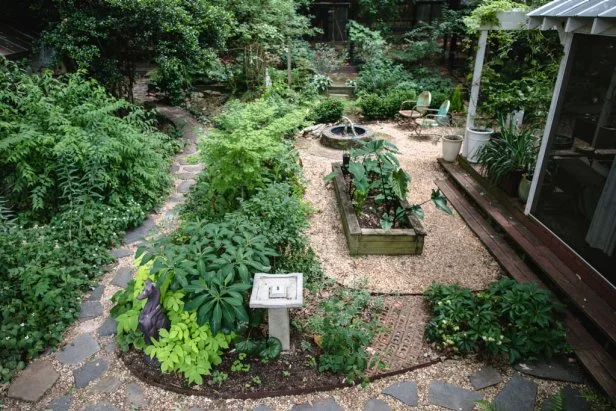 A view of a rewilded garden with raised beds and a stone pathway
