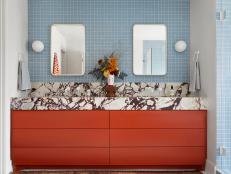 Transitional, Blue and Rust Bathroom With a Marble Countertop