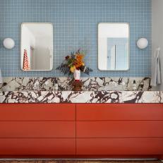 Transitional, Blue and Rust Bathroom With a Marble Countertop