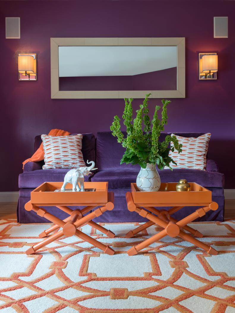 Traditional Living Room With a Bold, Purple and Orange Color Palette