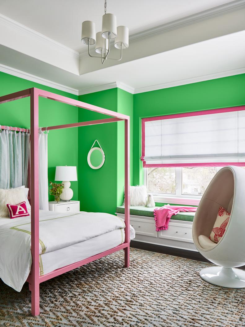 Bright Green, Contemporary Girl's Room With a Pink Bed Frame