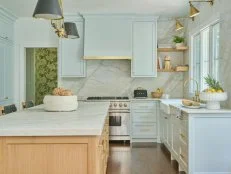 Large White-Oak Kitchen Island With Marble Countertop