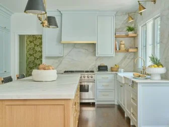 Large White-Oak Kitchen Island With Marble Countertop