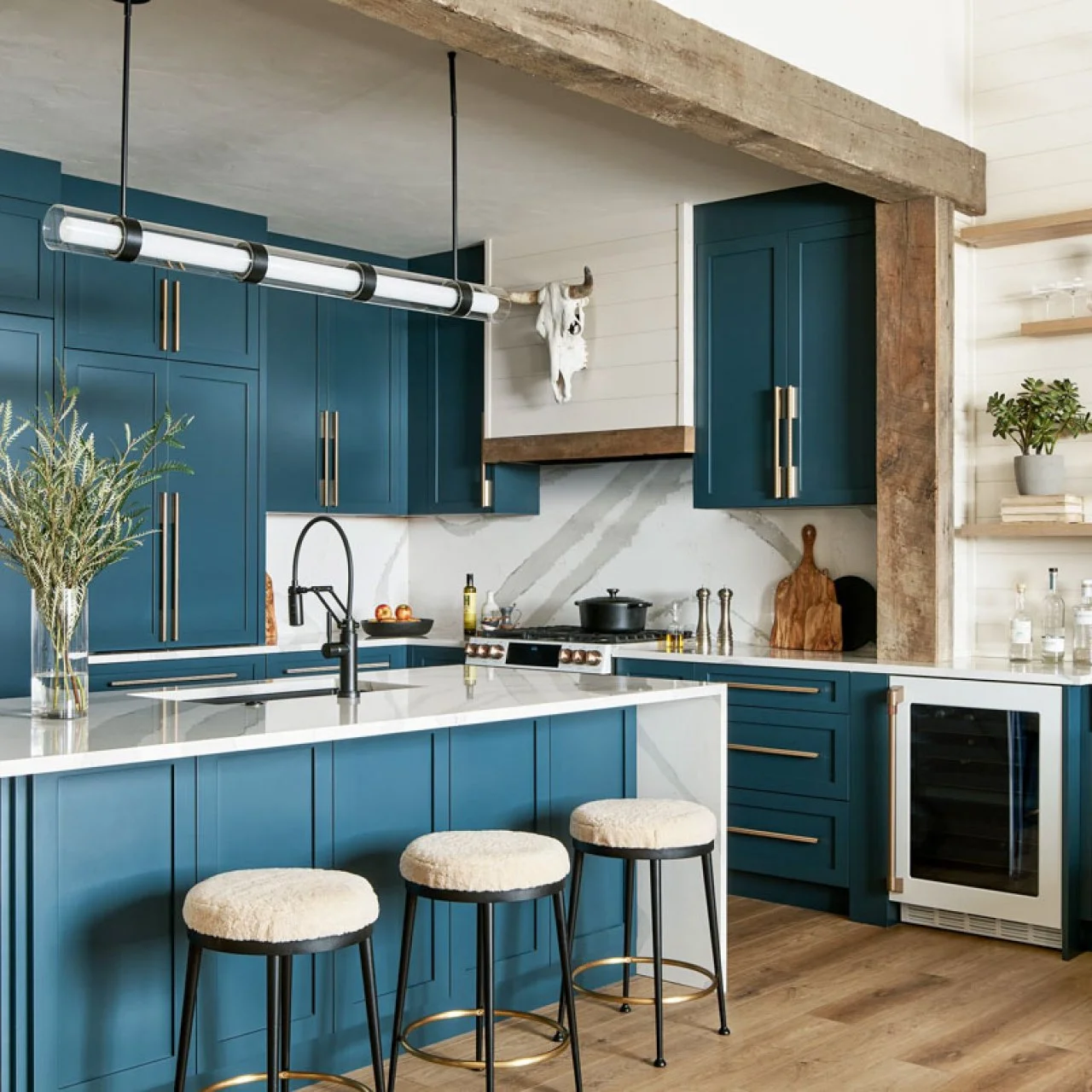 Rustic White Kitchen Blue Cabinets