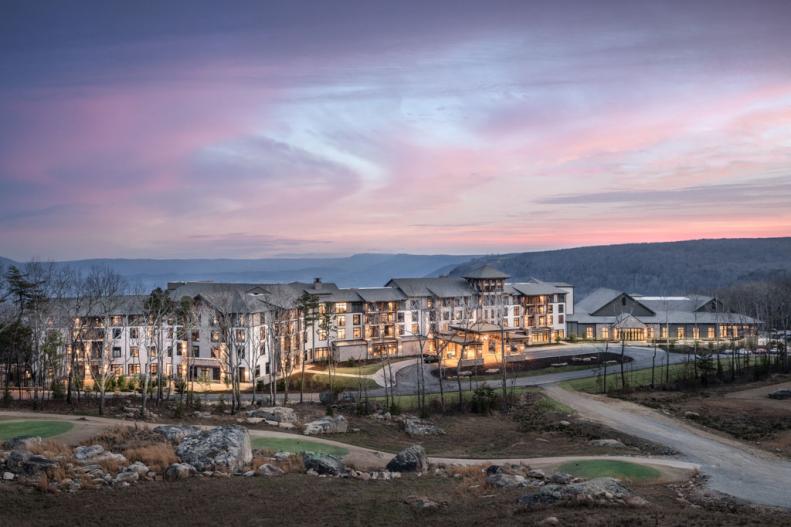 The exterior of Cloudland at McLemore Resort on Lookout Mountain at twilight