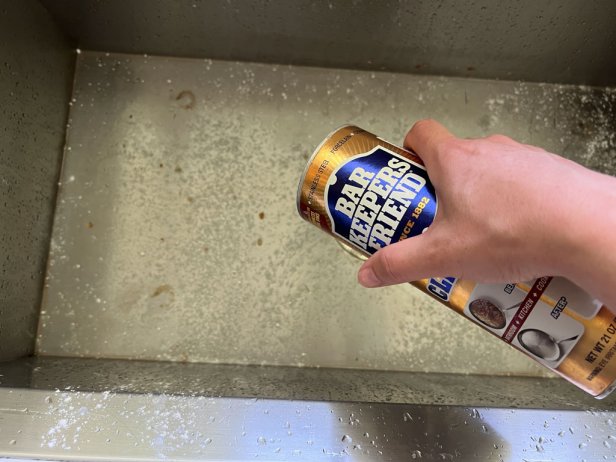 Cleaning a stainless steel sink with Bar Keeper's Friend and a Magic Eraser is safe.