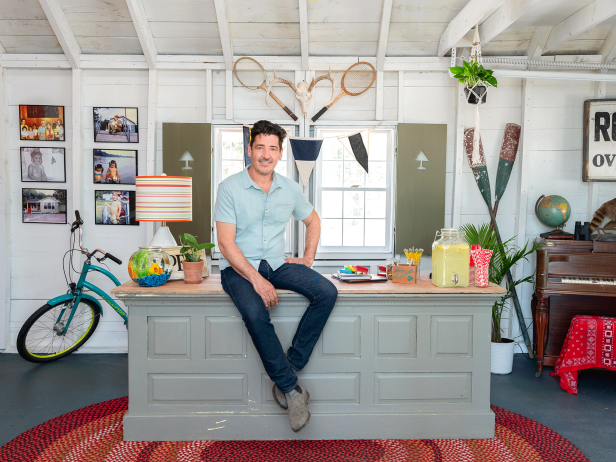 Jonathan Knight in his newly renovated lakeside cabin from Farmhouse Fixer: Camp Revamp.