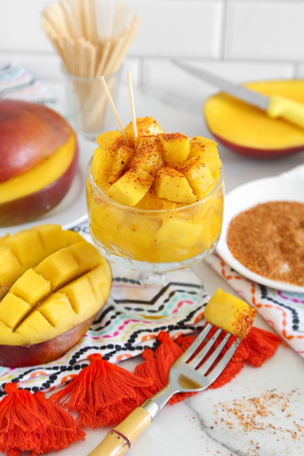 Yummy cubed mango with a sprinkle of chili-lime  seasoning.