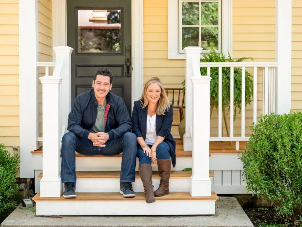 Jonathan Knight and designer Kristina Crestin, as seen at the newly renovated O’Conner farmhouse, as seen on Farmhouse Fixer.