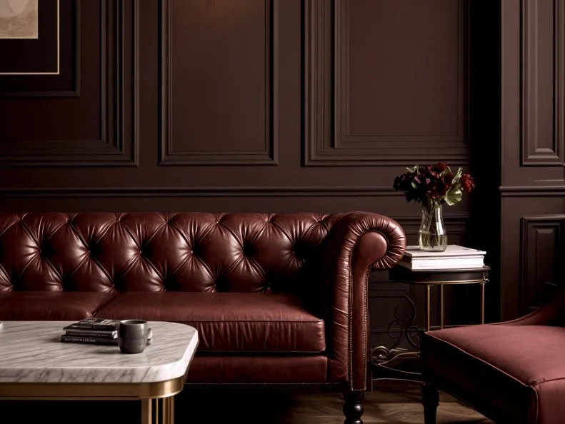 Den With Chesterfield Sofa and Brown Walls and Trim