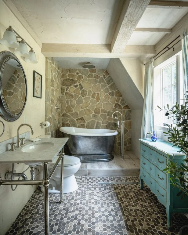 Cottage Bathroom With Blue Dresser