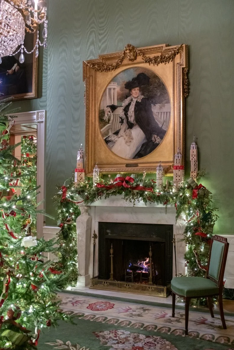 James Monroe was the first president to decorate the Green Room in its signature green silks. It served as Monroe's card room. Above the fireplace mantle is a portrait of First Lady Edith Roosevelt, wife of President Theodore Roosevelt.