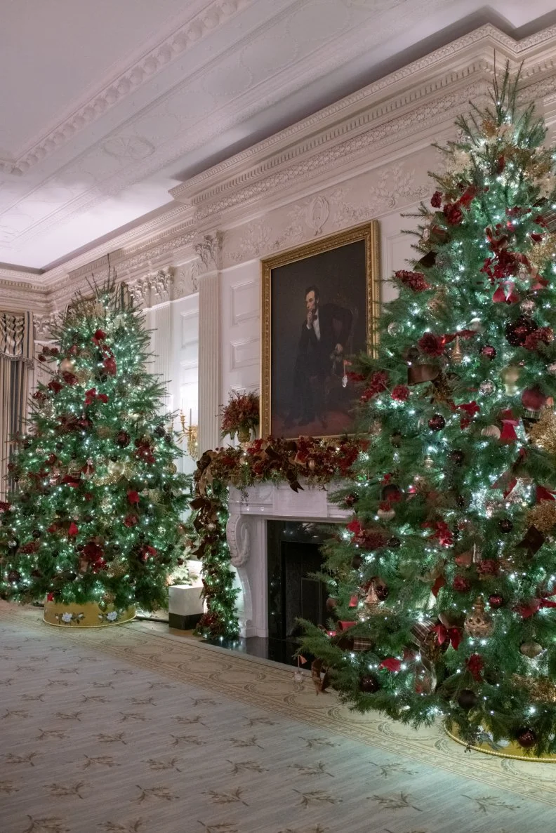 The White House State Dining Room featuring a 1869 painting by George PA Healy of a contemplative Abraham Lincoln matches the subdued, elegant mood of the surrounding decor.