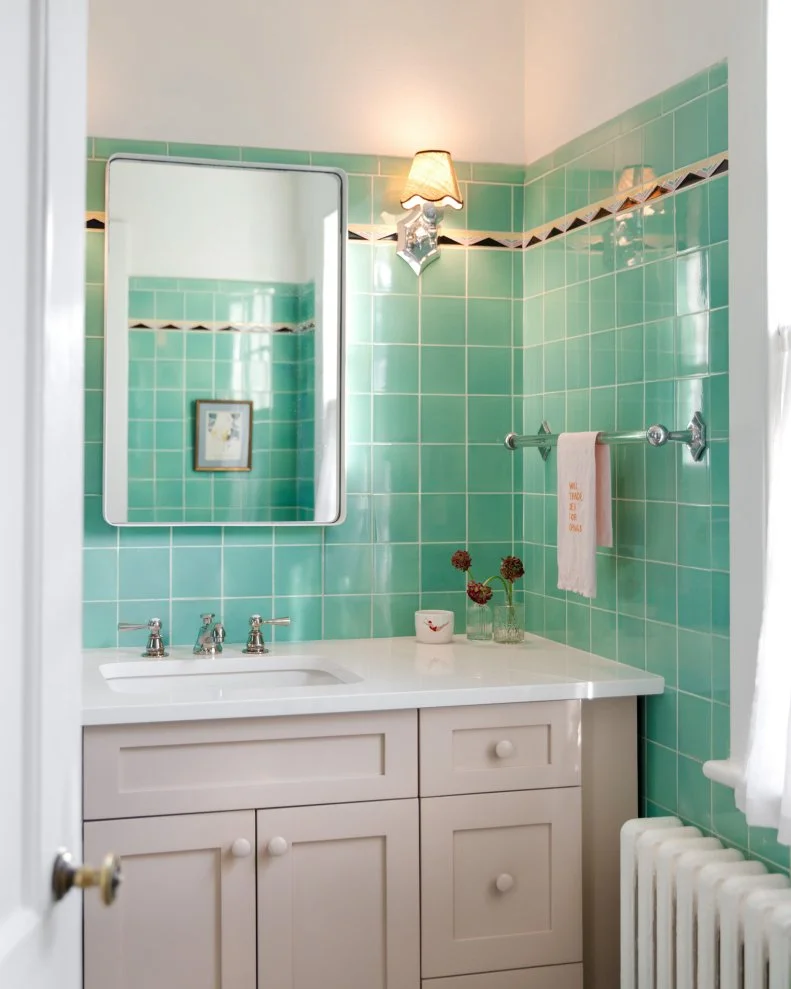 Blue Bathroom With Pink Cabinets