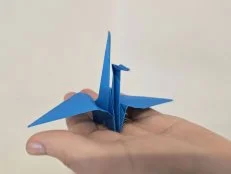 A blue paper crane held against a white background.