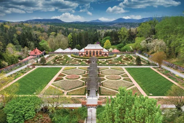 An aerial view of the spring walled garden at the historic Biltmore Estate.