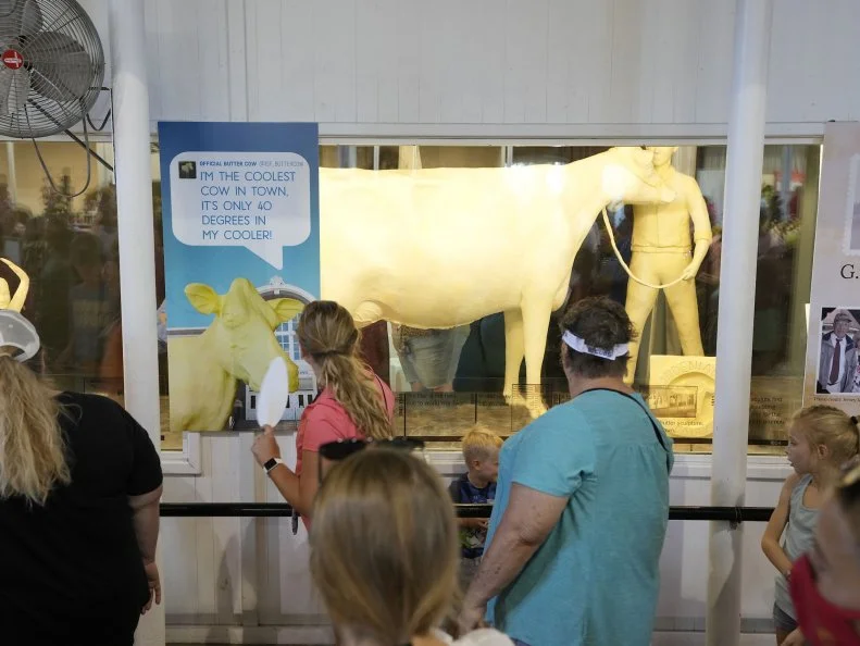 Fairgoers looking at a cow sculpted from butter in a cooler at the Iowa State Fair.