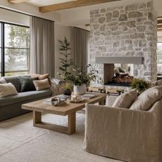 Neutral Contemporary Living Room With Pass Through Fireplace