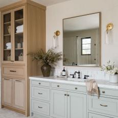 Neutral Transitional Bathroom With Tan Hand Towel