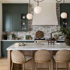 Green and Beige Mediterranean Chef Kitchen With Stone Backsplash