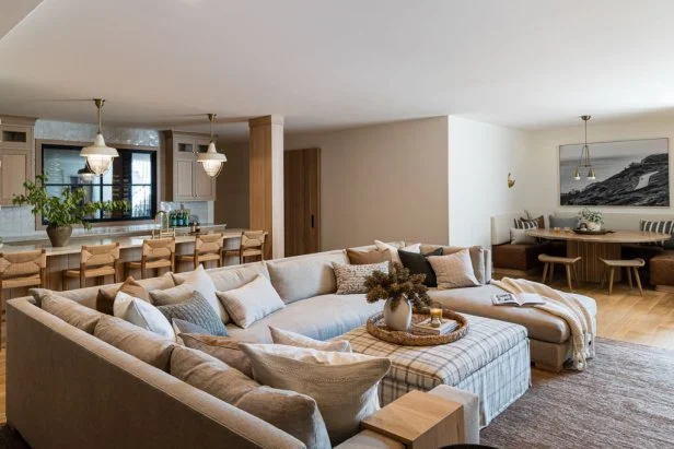 Family Room With Plaid Ottoman