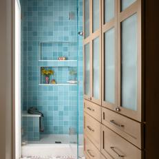 Blue Transitional Bathroom With Purple Tile Floor