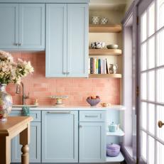 Multicolored Transitional Kitchen With Peach Tiles