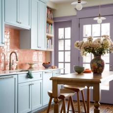 Multicolored Transitional Kitchen With Purple Door