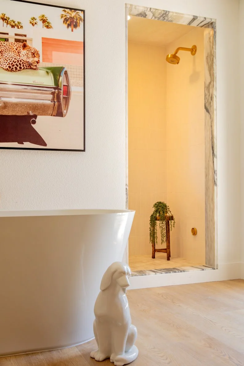 Here are details of the bathtub and shower in the renovated master bathroom of the Palomino home, as seen on Sin City Rehab, Season 1.