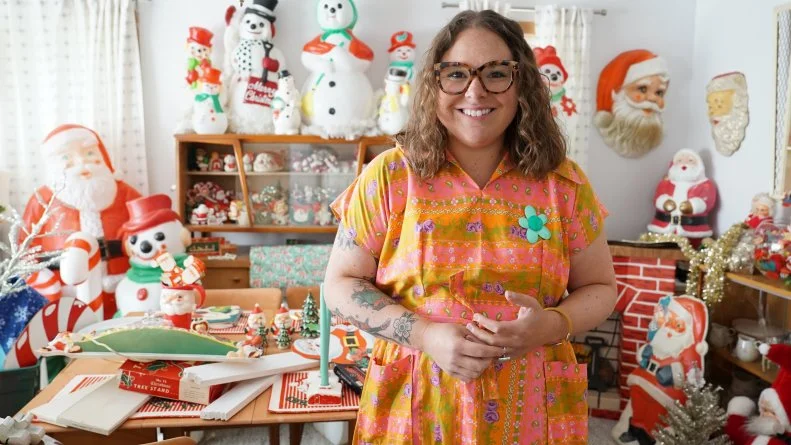 Hope posing with some of her Christmas decor, as seen on Hoarding for the Holidays, Season 1.
