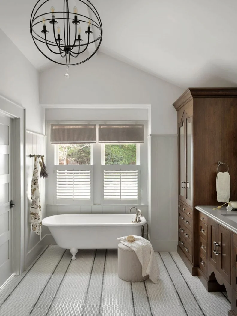 White Bathroom With Striped Tile Floor