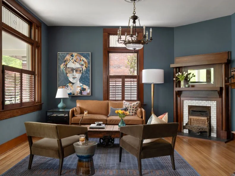 Blue Craftsman Sitting Room With Fireplace
