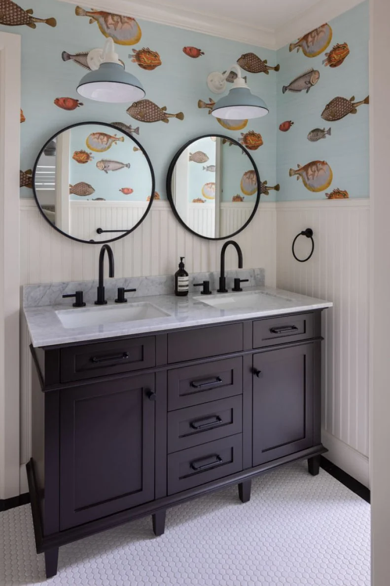 Blue Bathroom With Fish Wallpaper
