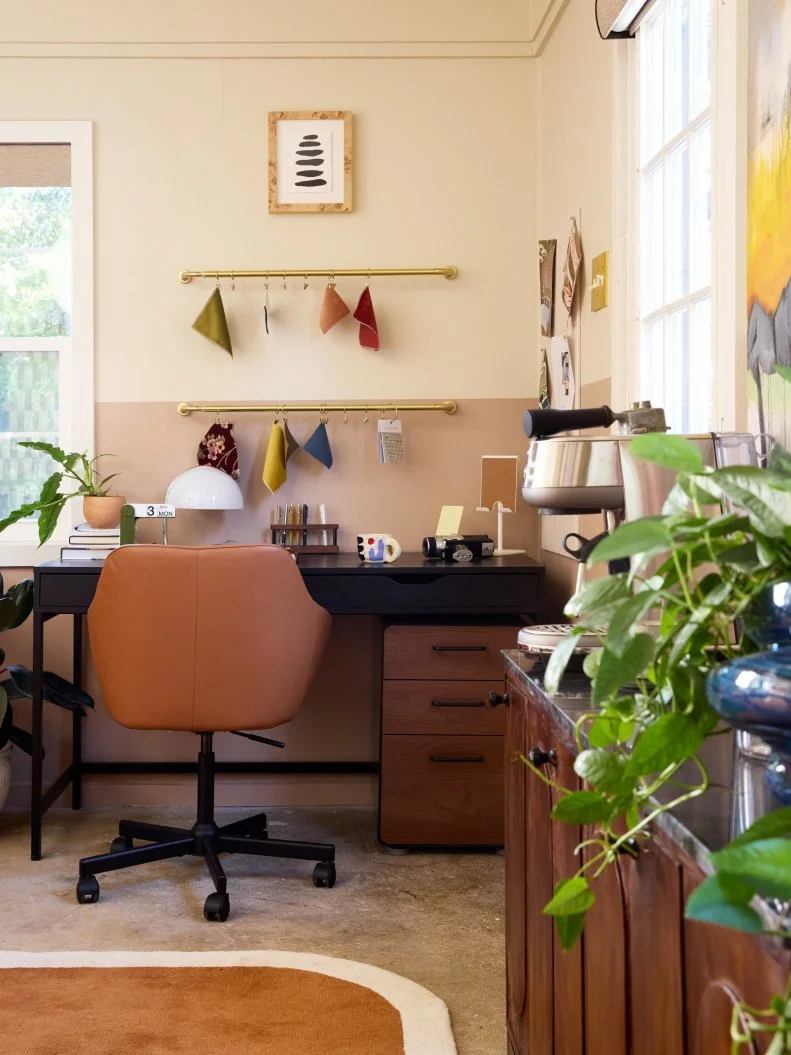 Beige Office With a Color-Blocked Wall and IKEA Furniture