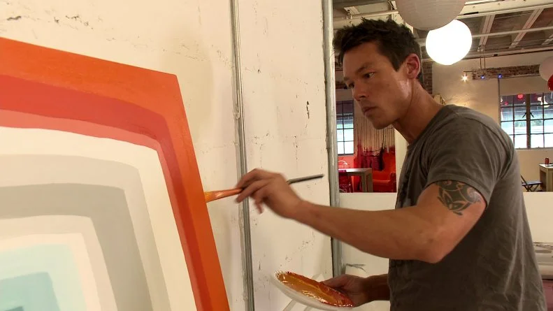 David Bromstad paints original artwork to be used in his Mid-Century Modern designed dining room as seen on HGTV's Color Splash.