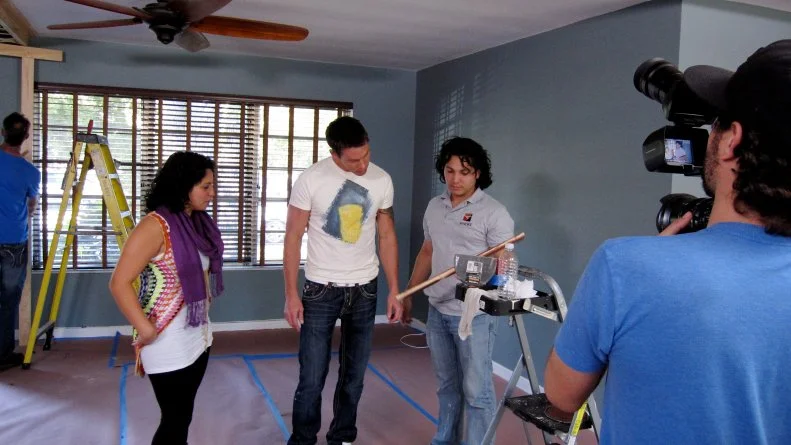 Behind the scenes shot of David Bromstad and team on the set of Color Splash as seen on HGTV's Color Splash.