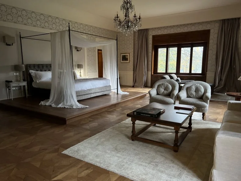 Interior shot of bedroom in Villa Monsignore as seen on Chef Gabriele Bertaccini's property tour for House Hunters International (interior).