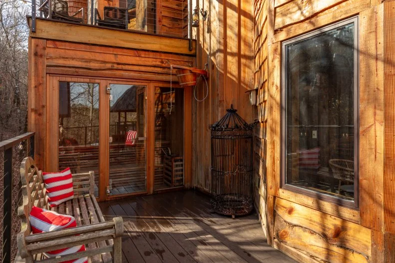 sauna and cold-water bucket at Treetopia Treehouse in Broken Bow