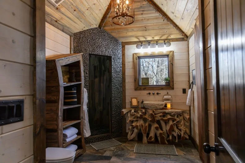 12-foot cathedral shower at Treetopia Treehouse in Broken Bow