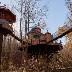 ground-level view of Treetopia Treehouse in Broken Bow