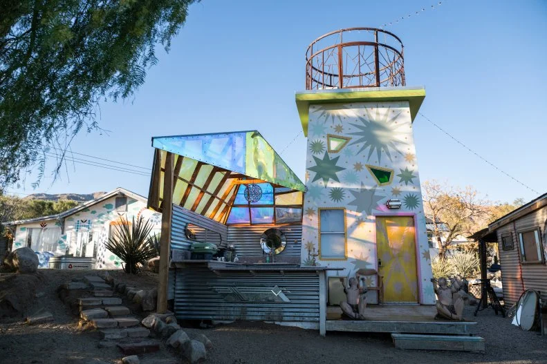 outdoor kitchen and tower at Kaleidoscope Desert in the Mojave Desert