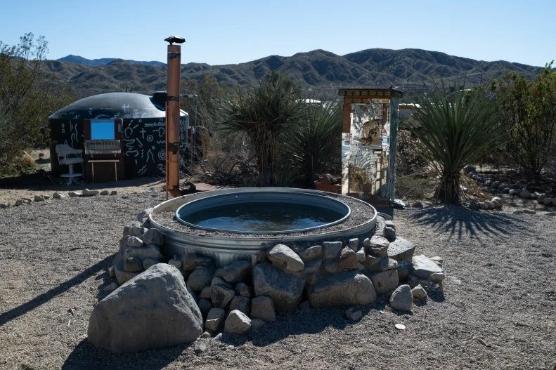 stock tank soaking tub at Kaleidoscope Desert in the Mojave Desert