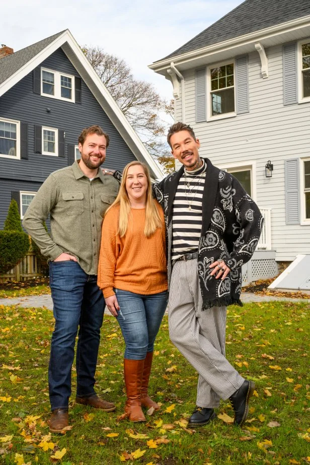 David Bromstad, host of My Lottery Dream Home, shows home buyers Danielle Moore and John Field the backyard of a Beverly, MA, home as they search for a home in the Salem, MA area, as seen on My Lottery Dream Home. (portrait) (exterior)