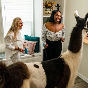 Susan and Noel Collier grooming llama in new llama room, as seen on Extreme Buyers Club, Season 1.
