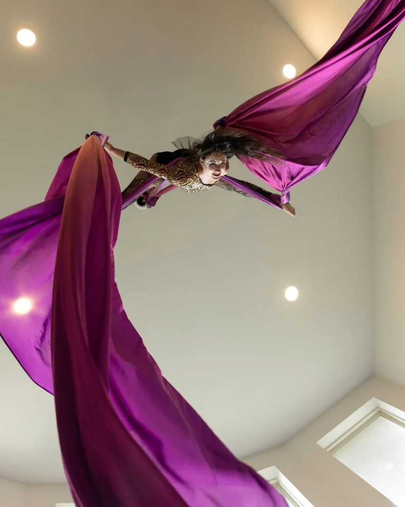 Client Anastasia practicing her aerial silks at home, as seen on Extreme Buyers Club Season 1