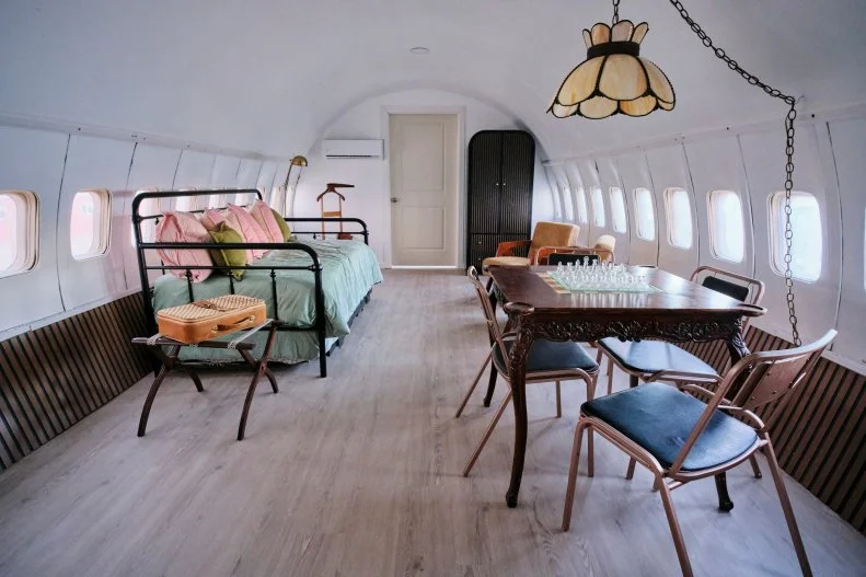 The first room in the finished airplane house, as seen on Extreme Buyers Club, Season 1.