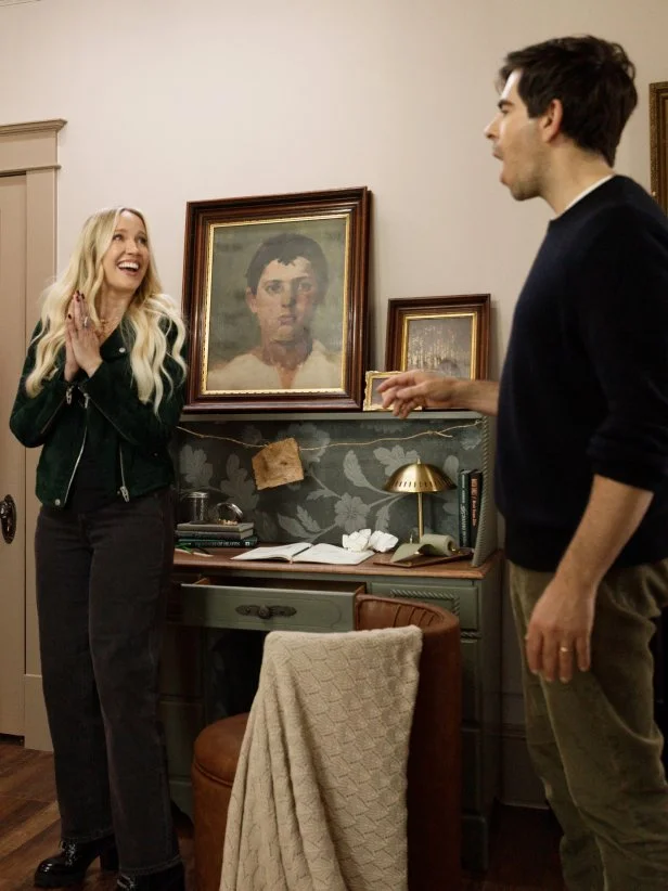 Host Anna Camp, judge Michel Smith Boyd, and celebrity judge Eli Roth walkthrough and react to Lizzie's room at Bihl Manor, as seen on A Very Haunted Renovation, Season 1.