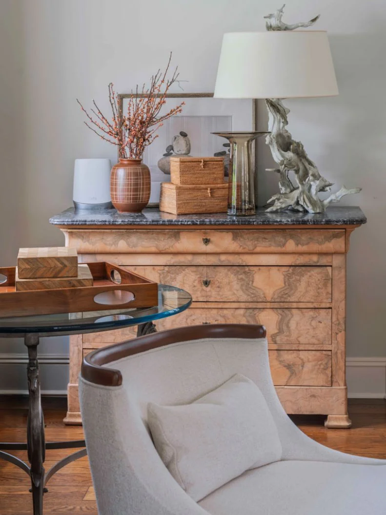 Chair and Burlwood Dresser