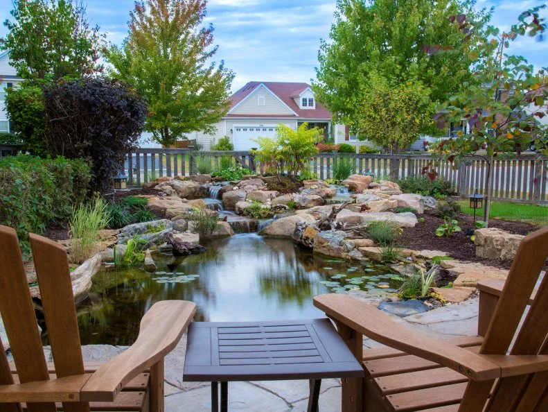 A pond in a suburban back yard surrounded by a fence and trees 